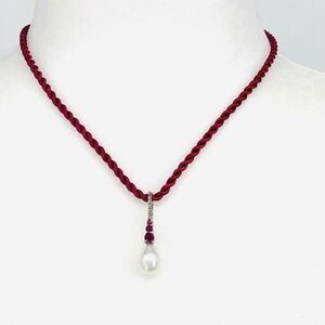 925 Silver Burma Ruby & Faux Pearl Pendant Necklace Red Cord 17"